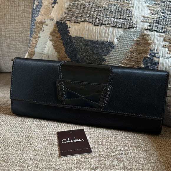 NWT Cole Haan small flap black satin clutch - Picture 7 of 8